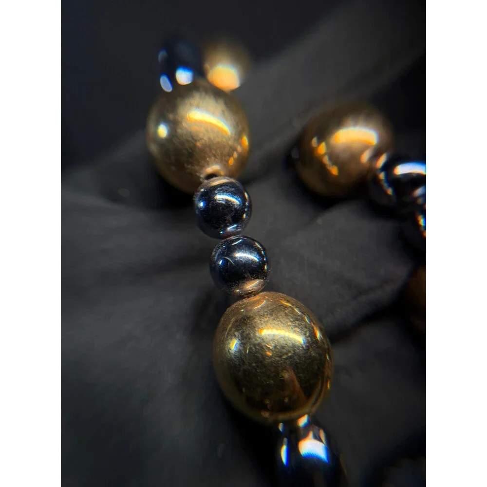 Gold Tone & Gunmetal Beaded Necklace Long Metallic Statement Necklace 41